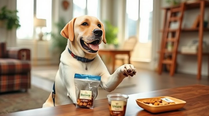 A dog practicing basic commands with its owner in a home setting