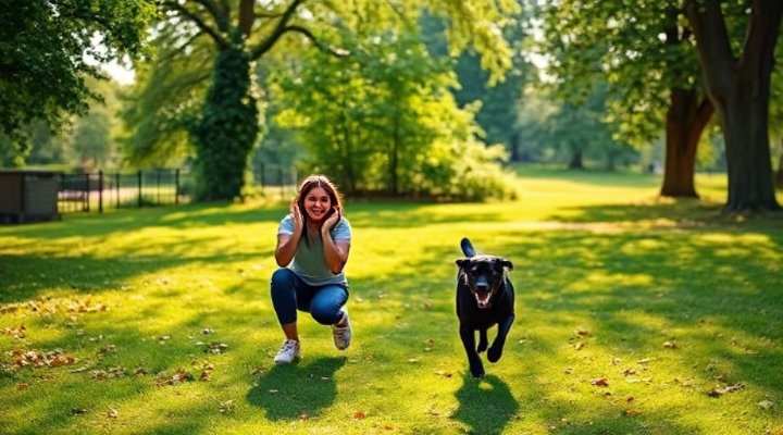 Labrador running joyfully toward owner during recall training