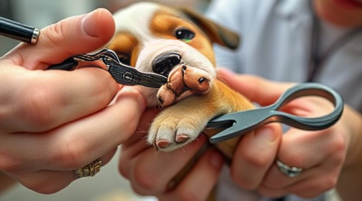 Close-up of proper puppy nail trimming technique