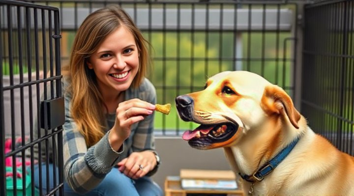 Woman giving treat to smiling labrador near open crate