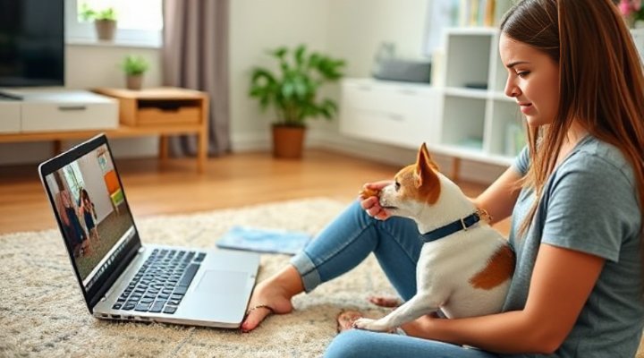 Woman practicing online dog training with her terrier at home