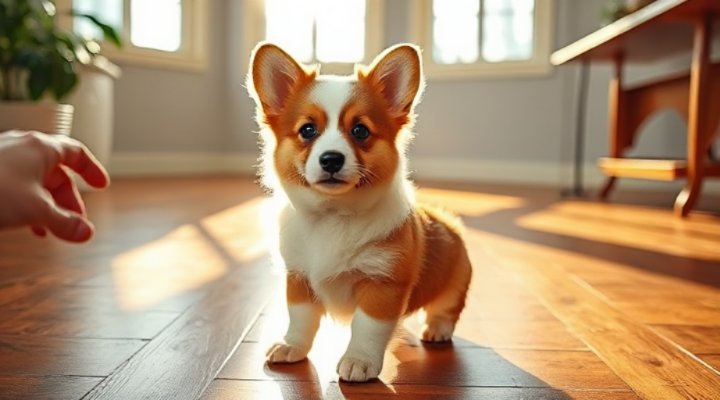 Corgi puppy successfully holding a stay position