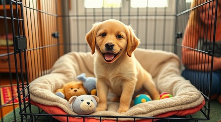 A cozy crate with soft bedding and toys for a puppy