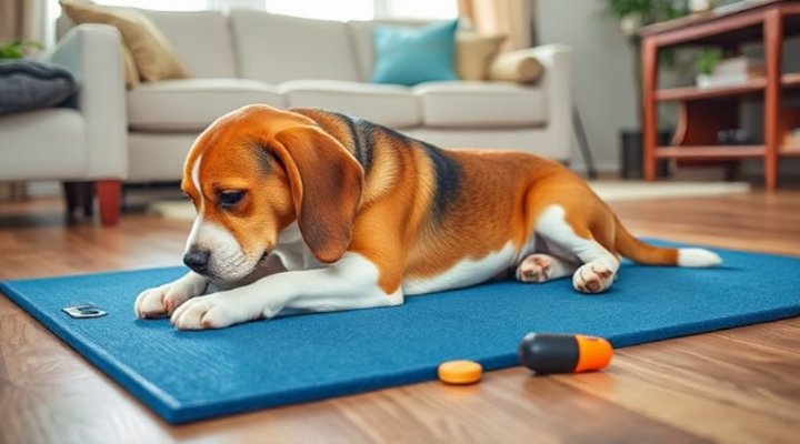Beagle lying down calmly on a mat during training session