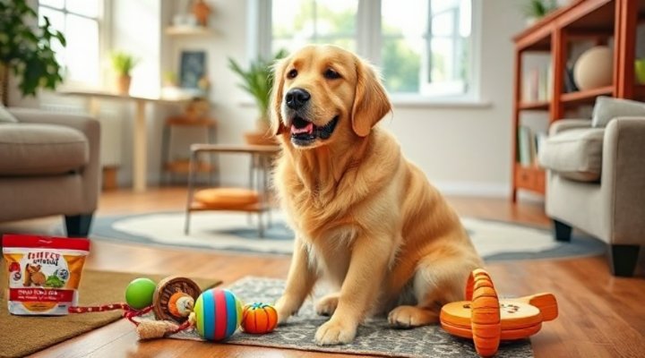 A golden retriever sitting calmly in a well-lit living room with training toys scattered around.