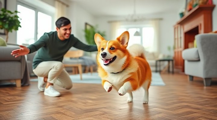 Dog practicing recall command during indoor training