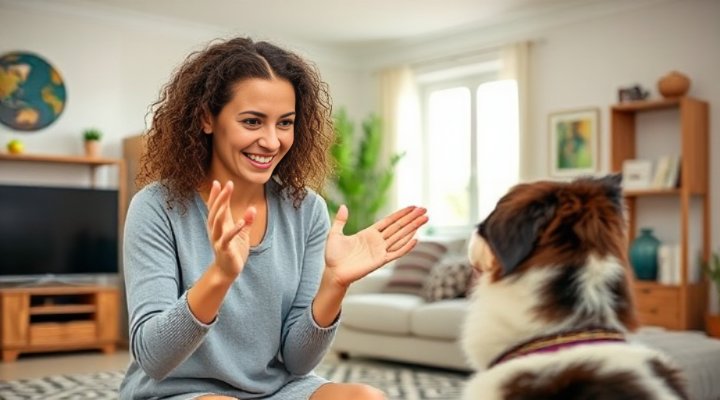 A smiling woman giving hand signals to her attentive border collie in a spacious home area.