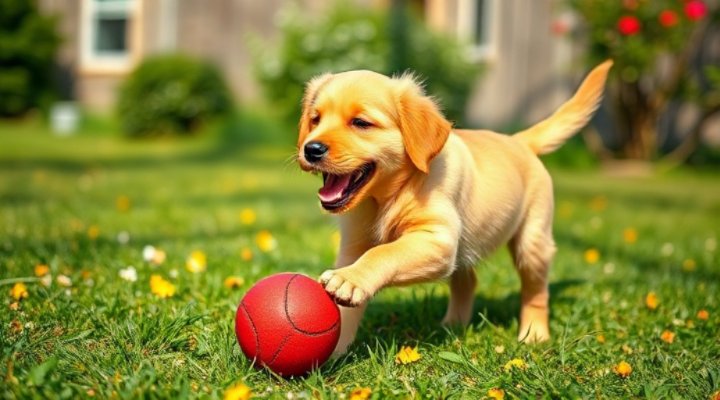 Golden Retriever puppy playing with a ball in a sunny backyard