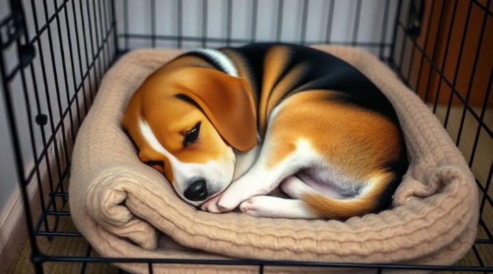 A puppy sleeping soundly in its crate