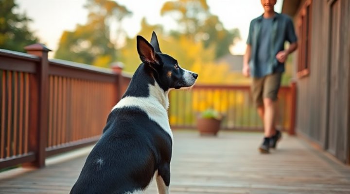 Border collie maintaining stay position while owner walks away