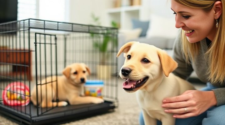 A puppy receiving treats and praise near its crate
