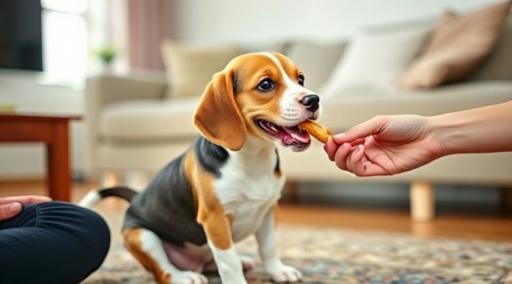 A beagle puppy happily receiving a treat after successfully performing a command.