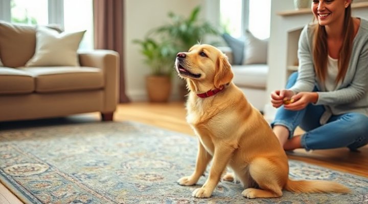 A happy dog sitting during a training session at home
