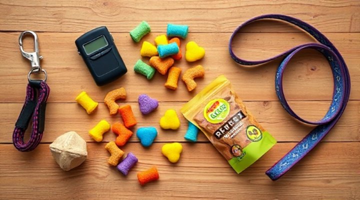 Collection of dog training tools including clicker, treats, leash and toys on a wooden table.