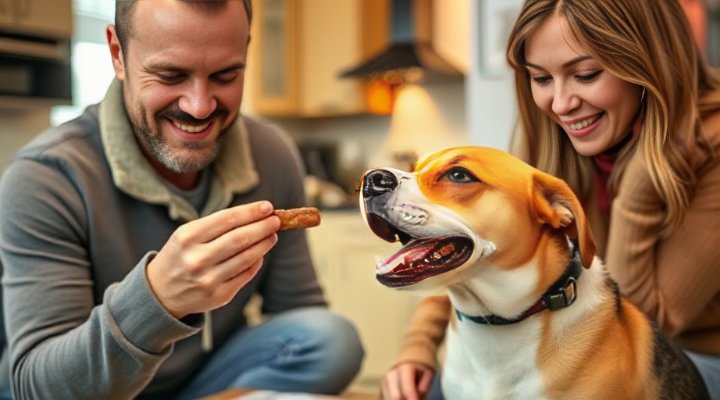 Using positive reinforcement with treats during dog training at home