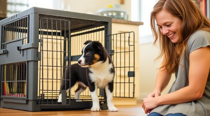 A puppy exploring its crate with the door open