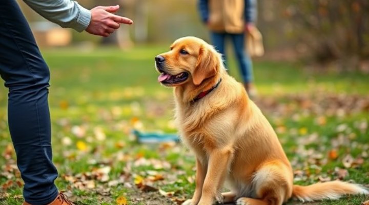 Golden Retriever sitting and responding to hand signals during training