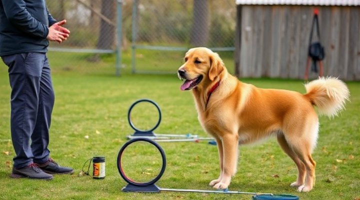 Golden Retriever performing advanced obedience commands with trainer