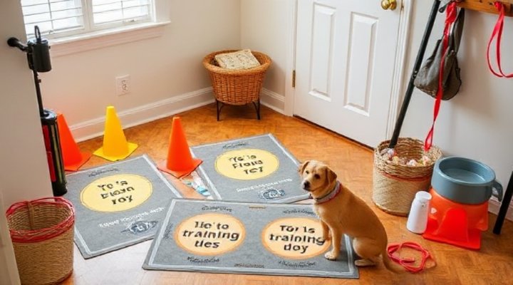 A corner of a room set up specifically for dog training with mats and training equipment.