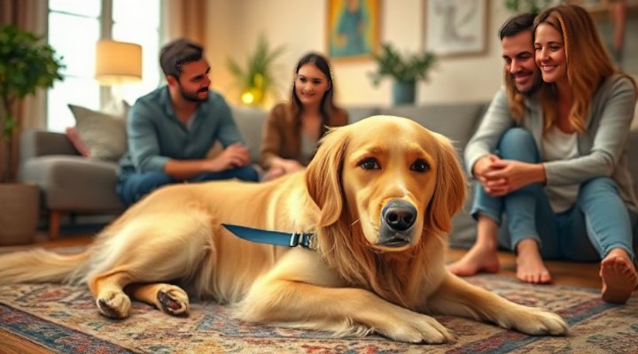 Happy Golden Retriever resting with loving family in living room