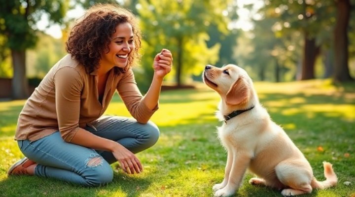 Woman teaching golden retriever the sit command in a sunny park