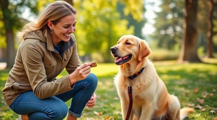 A happy golden retriever sitting with a trainer during a positive reinforcement session