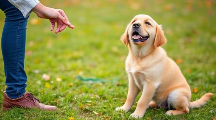 A golden retriever puppy sitting and responding to basic commands