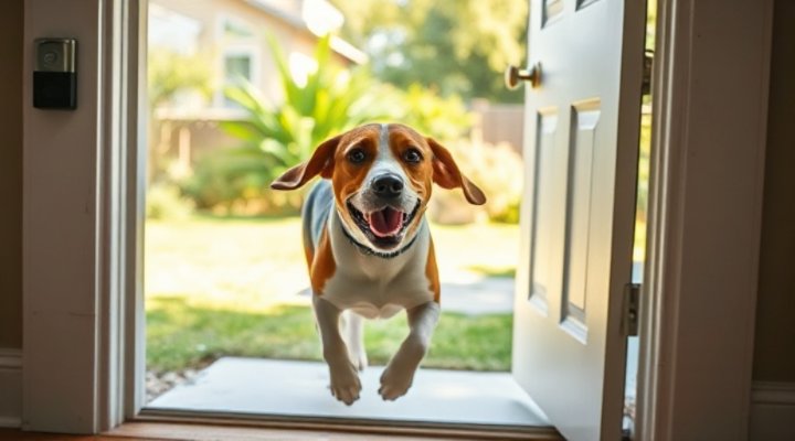 A joyful dog running outside after ringing the doorbell