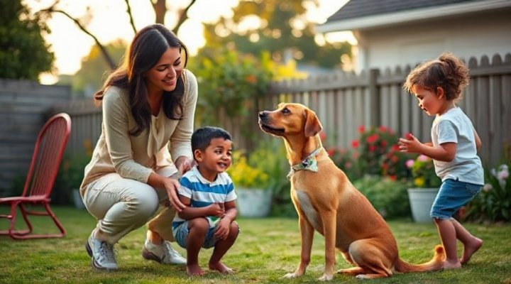 Family members taking turns rewarding their dog during a training session
