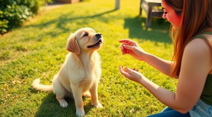 Golden retriever puppy sitting and receiving a treat from owner