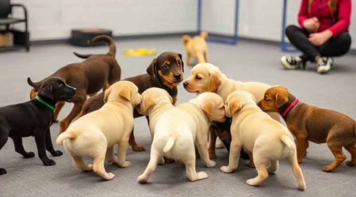 Group of puppies playing and learning together in a training class