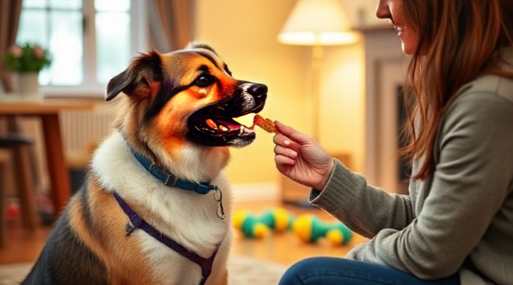 Owner rewarding small mixed breed dog with treat during training