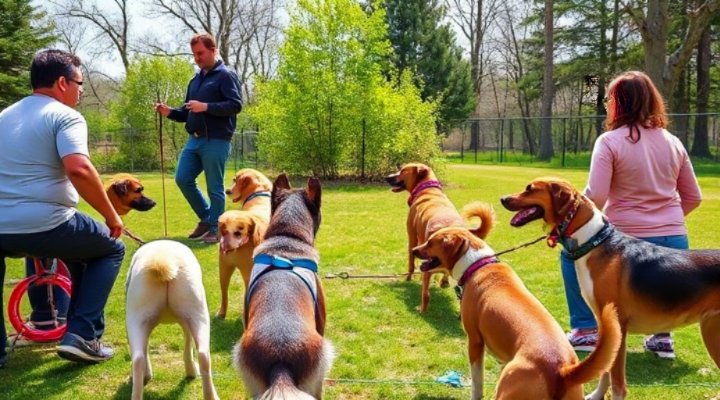 Group of dogs and owners participating in an outdoor training class