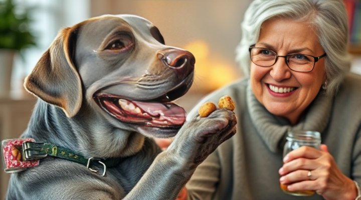 Older dog successfully performing a trick and receiving reward