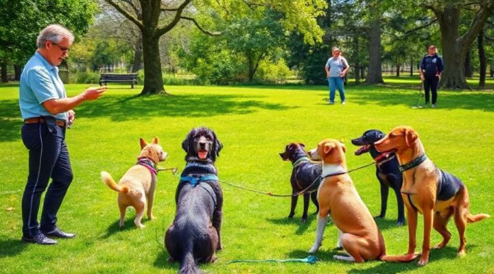 Certified trainer conducting a group dog training class