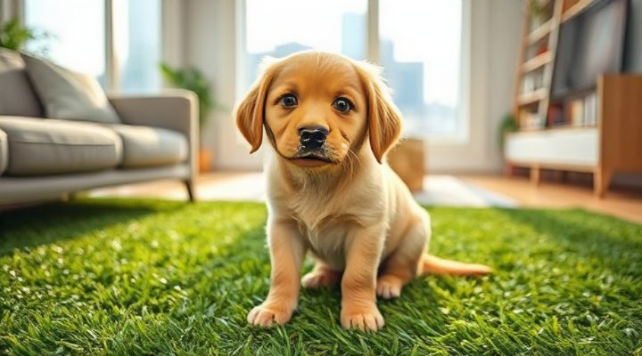 Golden retriever puppy happily using a grass pad indoors