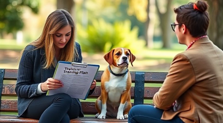 Certified dog trainer discussing training plan with owner