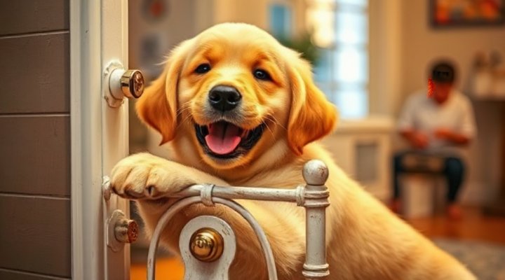 A cute golden retriever ringing a doorbell with its paw