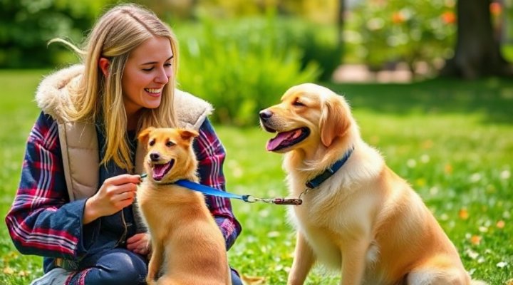 A happy golden retriever sitting next to a friendly trainer during a training session