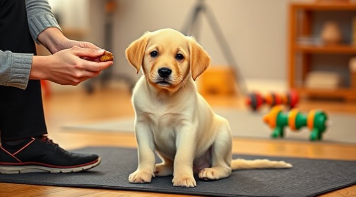 Adorable puppy learning basic commands with a trainer