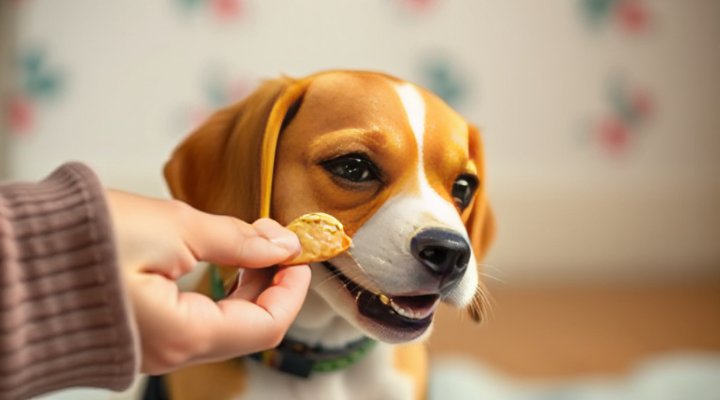 A small dog receiving a treat as part of positive reinforcement training
