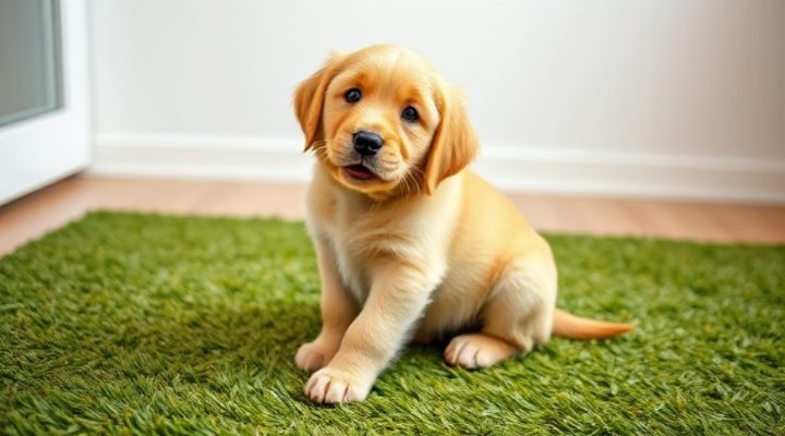 Golden retriever puppy using a grass pad for potty training