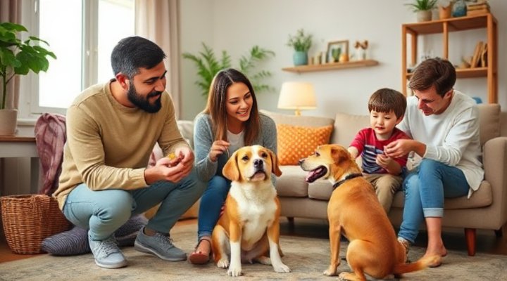 A family practicing positive reinforcement training with their dog