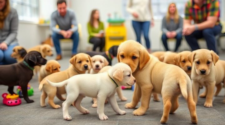 Group of puppies playing together during socialization training