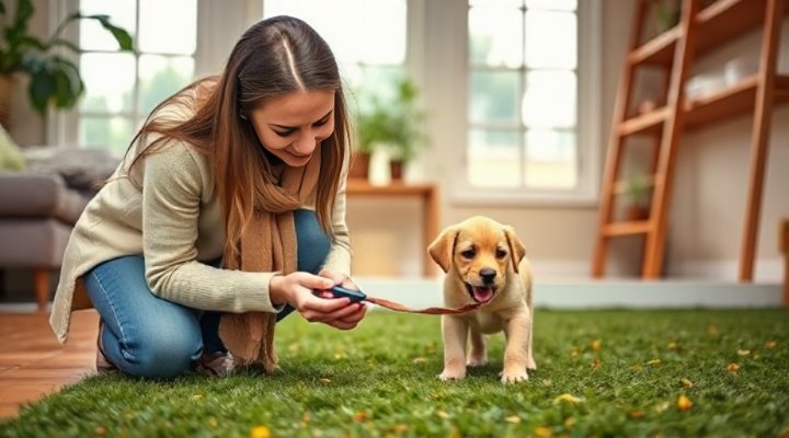 Owner guiding puppy to grass pad