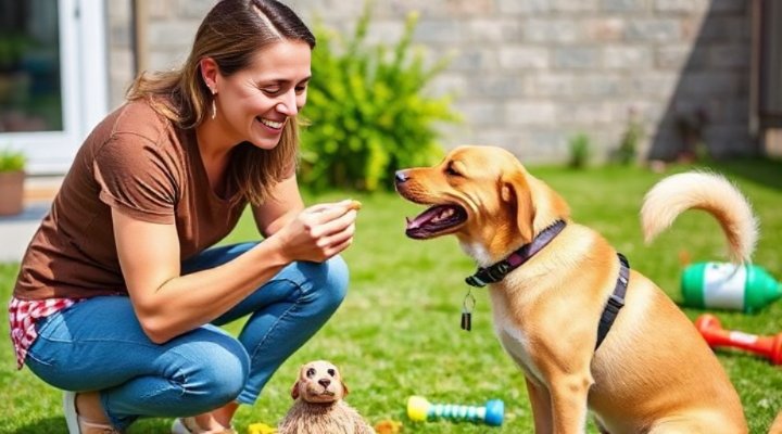 A woman rewarding her dog with a treat during a training session