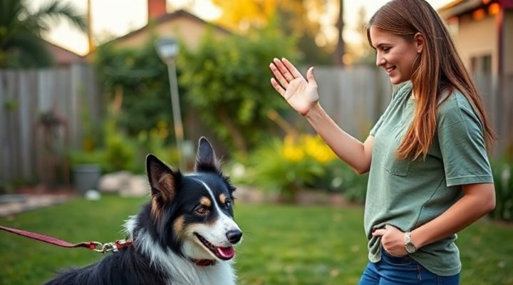 Woman practicing obedience commands with her dog in a backyard