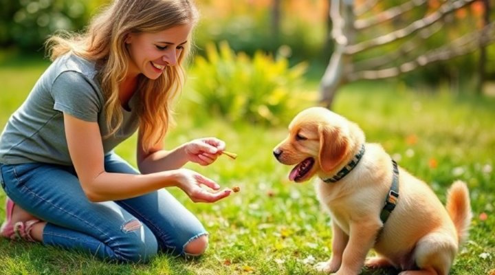 A certified dog trainer working with a happy golden retriever