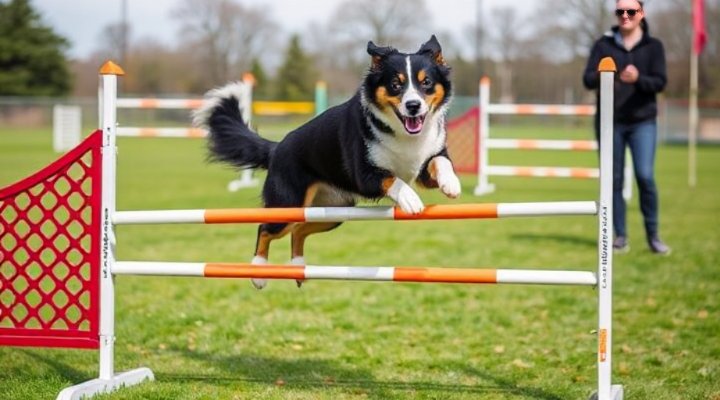 Border collie successfully completing an agility course jump