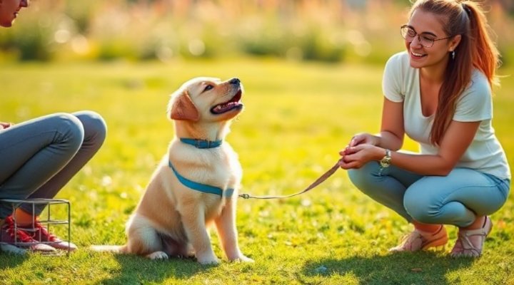 Golden retriever puppy sitting and responding to hand signals during training